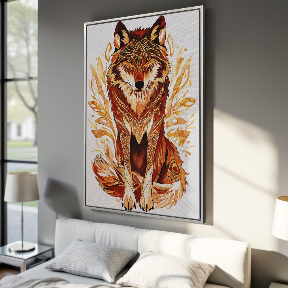 Framed Wall Art: Majestic wolf watercolor print in warm orange and gold tones. Perfect for adding a touch of nature and style to your home decor.