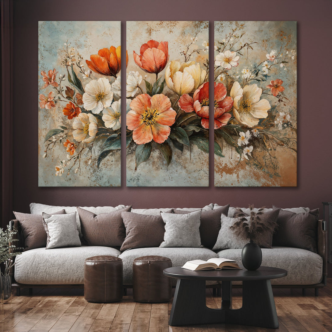 Floral Canvas Print in warm tones. Abstract botanical art with orange, cream, and teal hues. Perfect for living room decor.