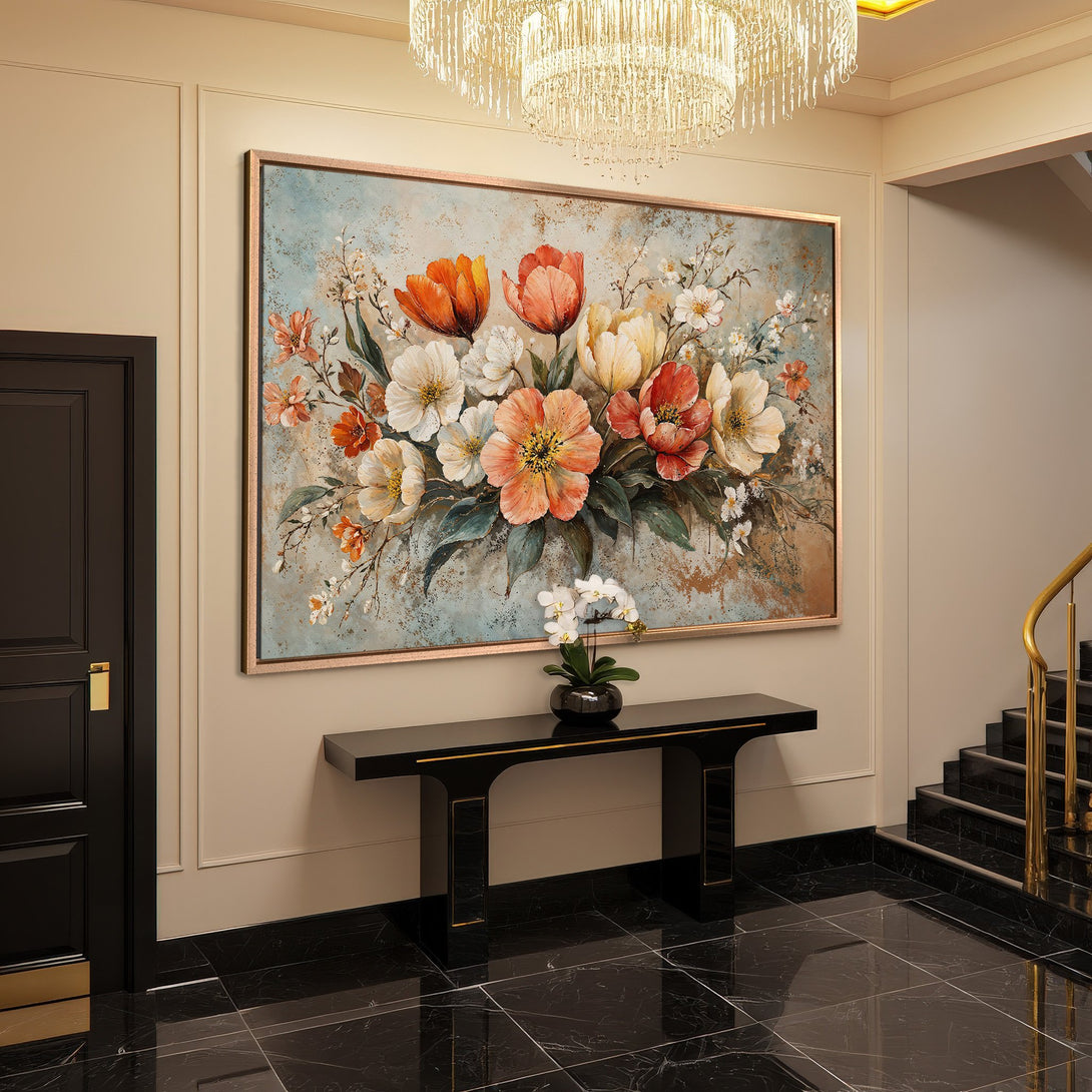 Framed Wall Art featuring a floral bouquet in a warm color palette. Perfect for adding a touch of elegance to any interior.