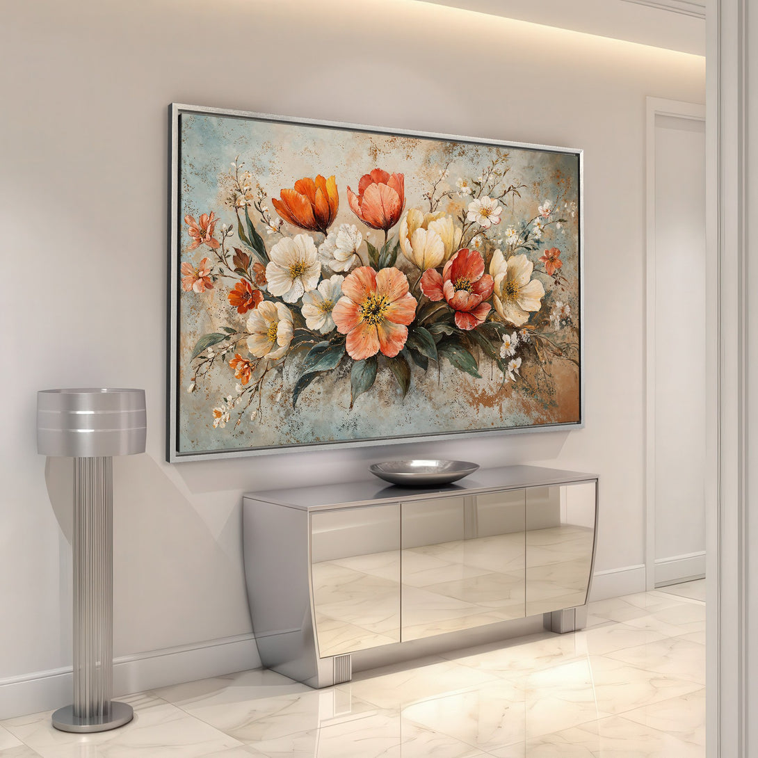Framed Wall Art: Floral Canvas Print in warm orange and white tones. Perfect for adding a touch of elegance and color to any space.