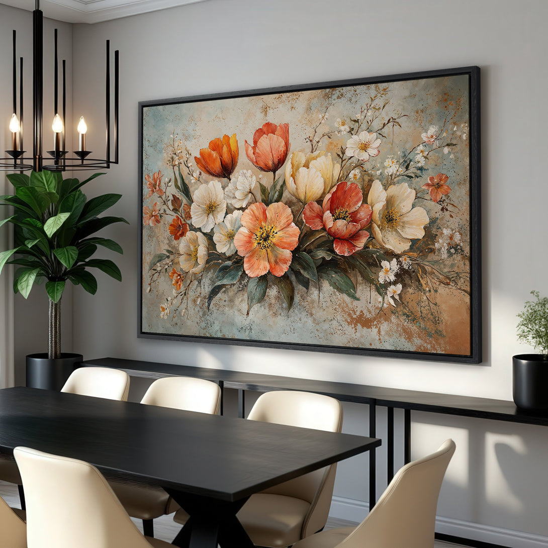 Framed Wall Art: Floral Canvas Print in warm orange, cream, and green tones. Perfect for dining rooms. Enhance your home decor with this beautiful art piece.