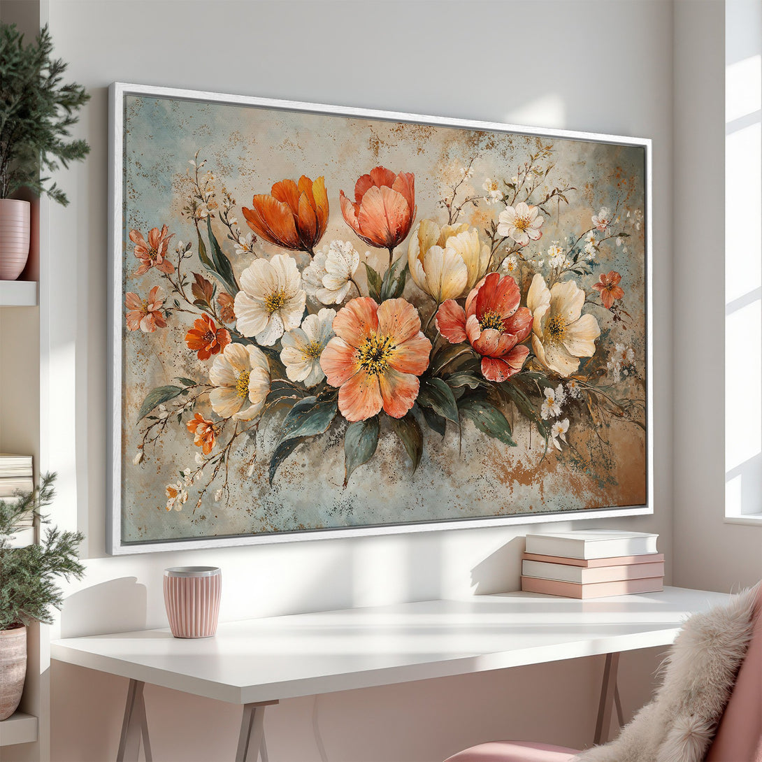 Framed Wall Art: Floral Canvas Print with warm orange, white, and teal tones. Perfect for adding a touch of elegance to your home decor.