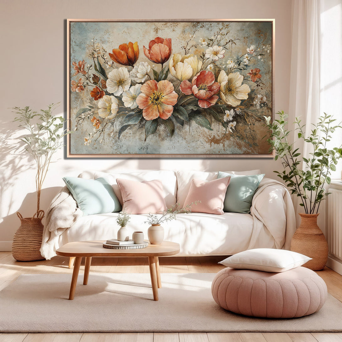 Framed Wall Art: Floral canvas print in warm tones. Features a beautiful bouquet with orange, red, and white flowers. Perfect for adding a touch of elegance to your living room.