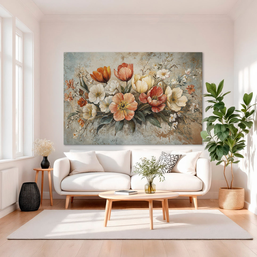 Framed Wall Art: Floral canvas print with warm orange, peach, and white flowers. Elegant style, displayed in a luxurious interior setting.