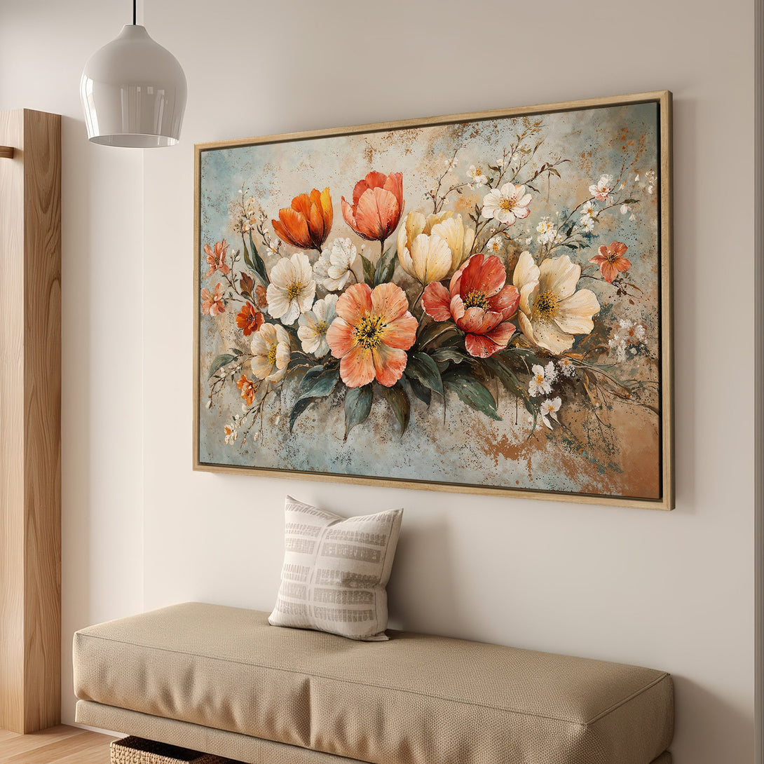 Framed Wall Art featuring vibrant floral painting in warm orange, yellow, and white hues. Perfect for adding a touch of elegance to any space.