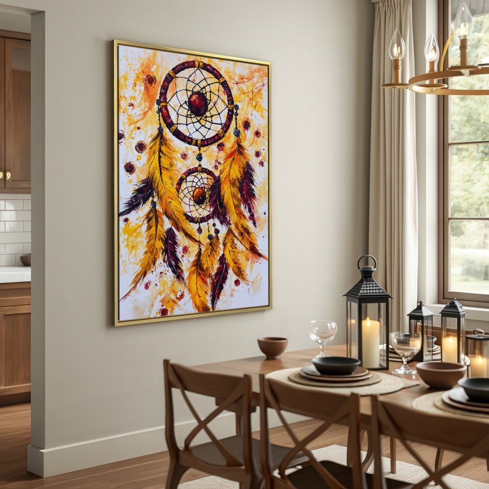 Canvas Print of a dreamcatcher in warm yellow and brown tones. Add bohemian flair to your home decor!