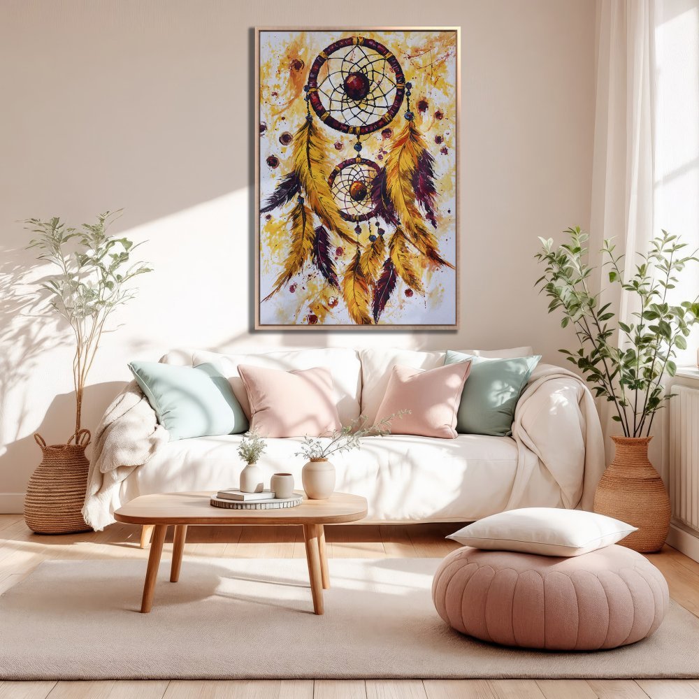 Framed Wall Art: Dreamcatcher painting in warm yellow and brown tones. Bohemian style canvas print adds a touch of artistry to any living room.