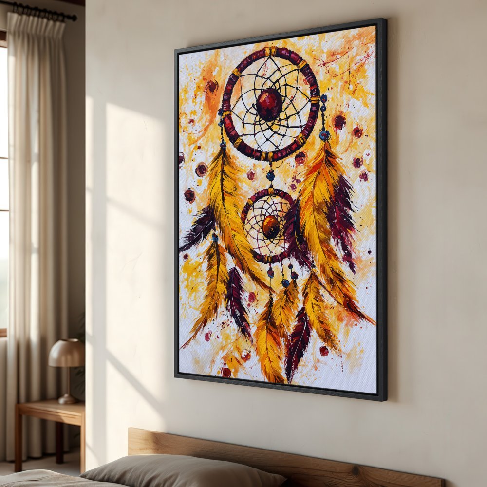 Framed Wall Art: Dreamcatcher painting in warm yellow and red tones. Add bohemian style to your space with this vibrant canvas print.