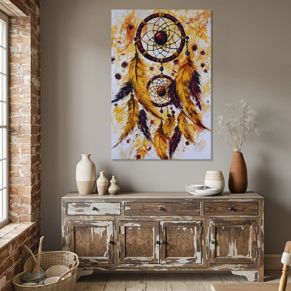 Framed Wall Art: Dreamcatcher painting in warm yellow and orange tones. Boho style canvas print for living room or dining room decor.