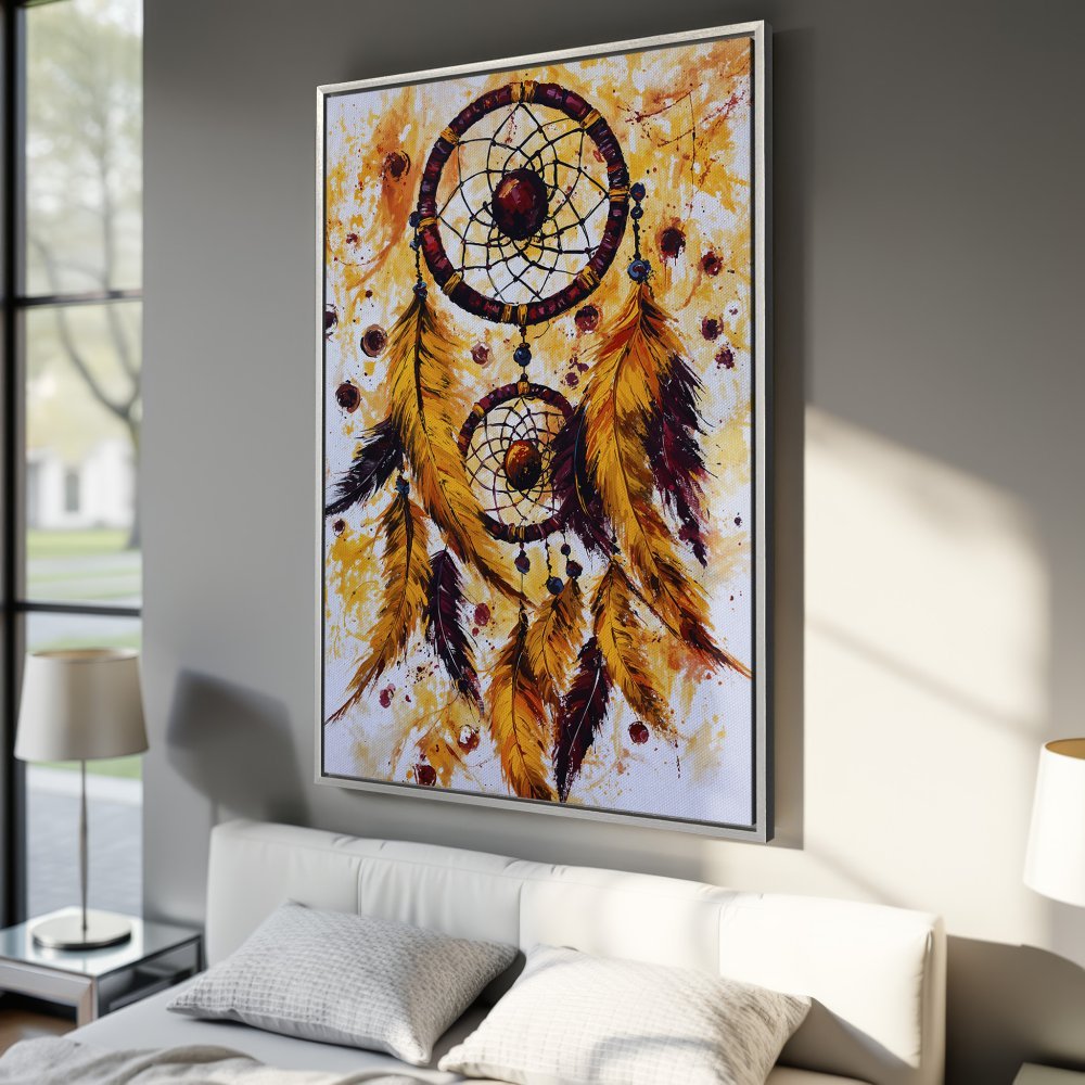 Framed Wall Art: Dreamcatcher painting in warm yellow & brown tones. Bohemian style canvas print for bedroom decor.