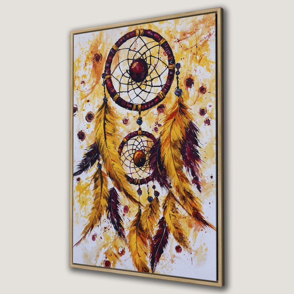 Framed Wall Art: Dreamcatcher painting in warm yellow and burgundy tones. Perfect boho decor for your home. Canvas Print available.