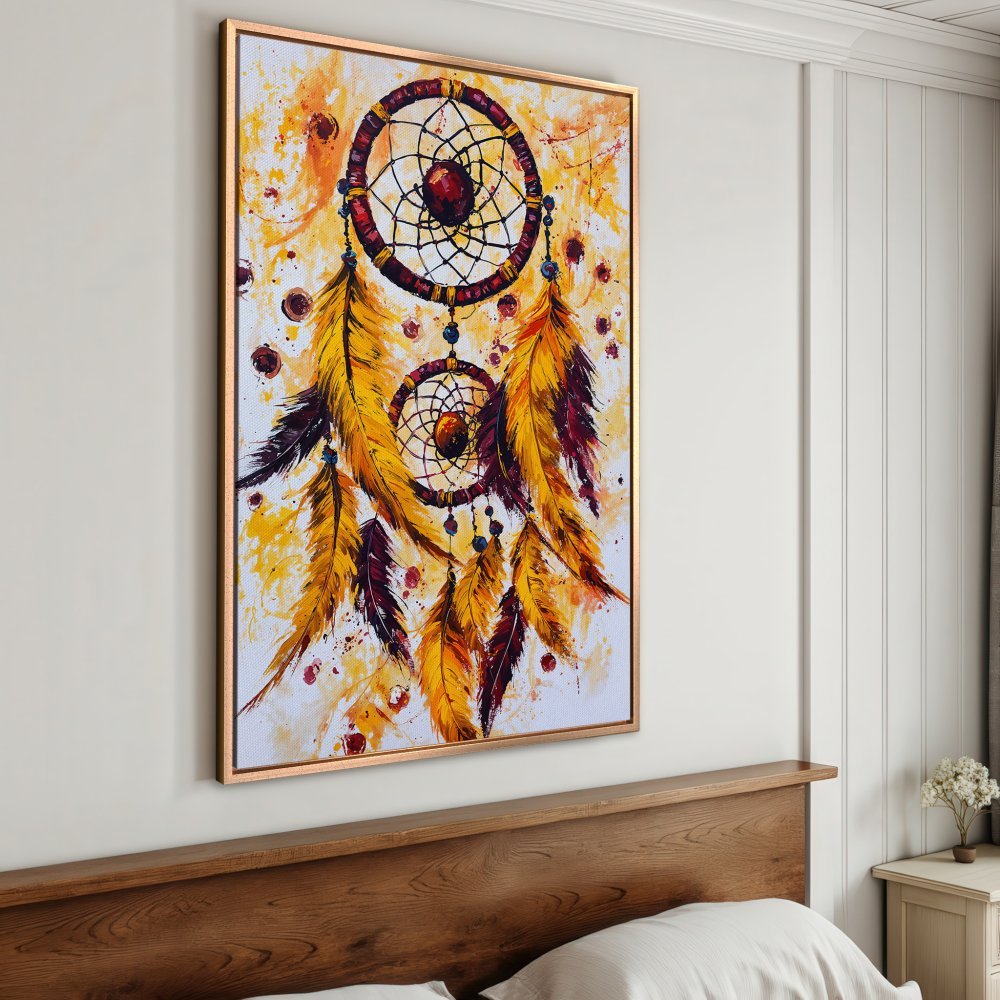 Framed Wall Art: Dreamcatcher painting in warm yellow & orange tones. Boho style canvas print perfect for bedroom decor.
