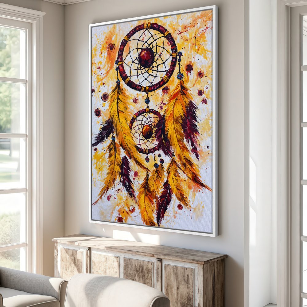 Framed Wall Art: Dreamcatcher painting in warm yellow and red tones. Add bohemian flair to your space with this stunning canvas print!