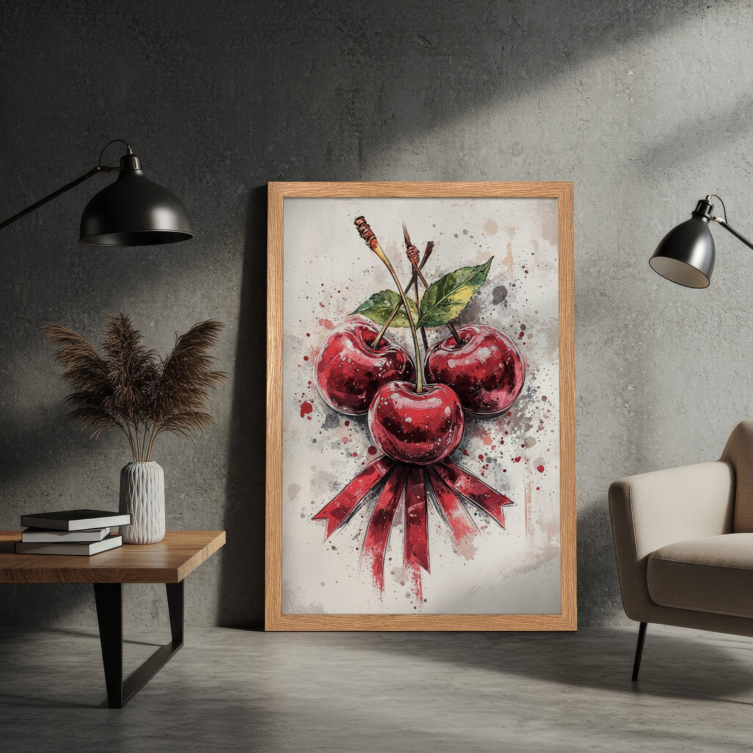 Framed Poster featuring a watercolor-style painting of cherries. Vibrant red fruit against a neutral backdrop, creating a modern, artistic aesthetic.