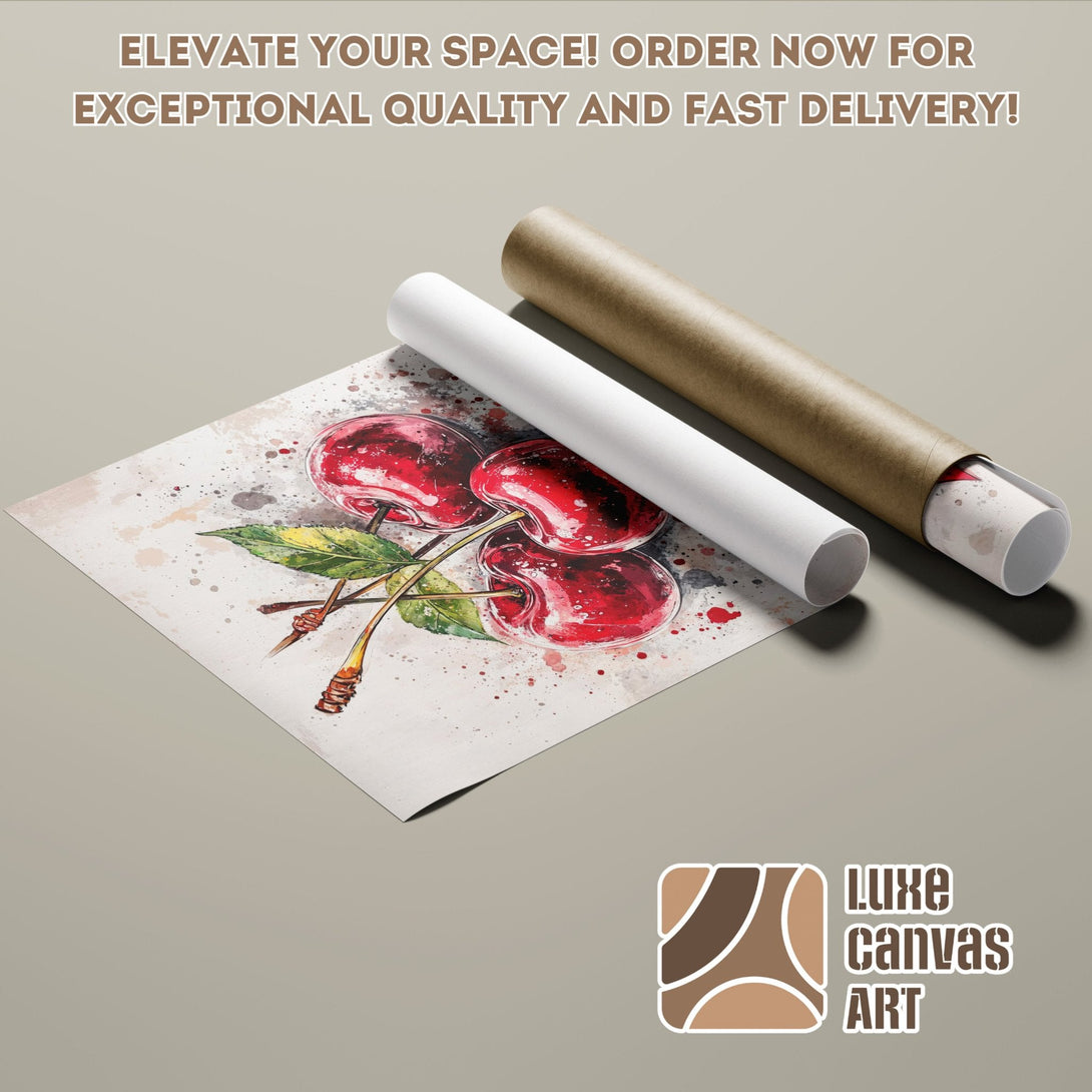 Watercolor cherry Poster Roll art, red & green on neutral background. Elevate your space with Luxe Canvas Art! Order today!
