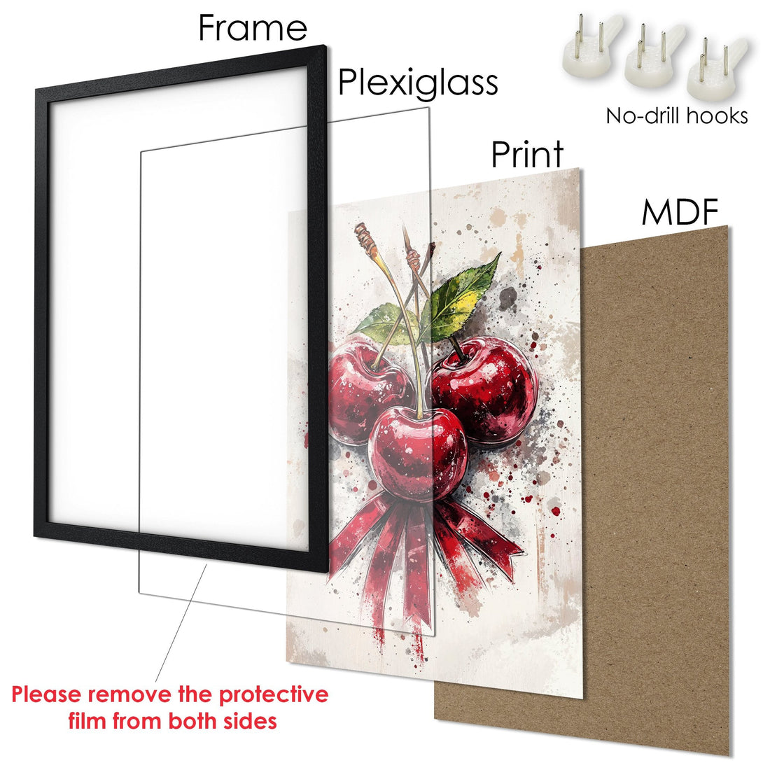 Framed Poster featuring watercolor cherries in red and green, with a neutral background. Perfect wall art!