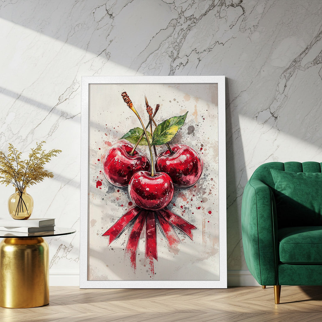 Framed Poster featuring watercolor cherries. Vibrant red fruit art with a neutral, light color palette, perfect for kitchen decor.