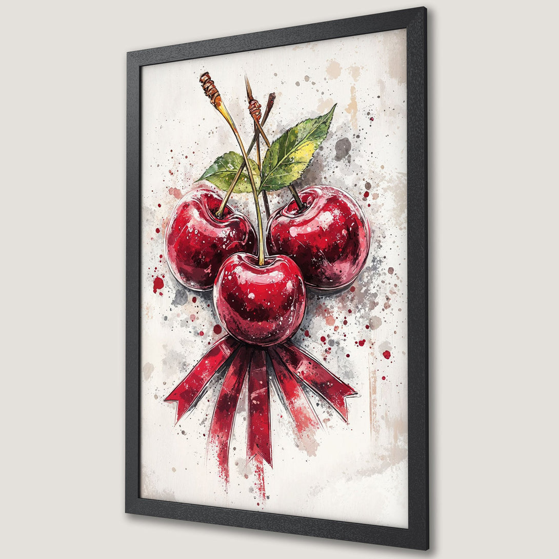 Framed Poster of watercolor cherries with a red ribbon. Artistic style with red, green, and neutral color palette. Perfect wall art!
