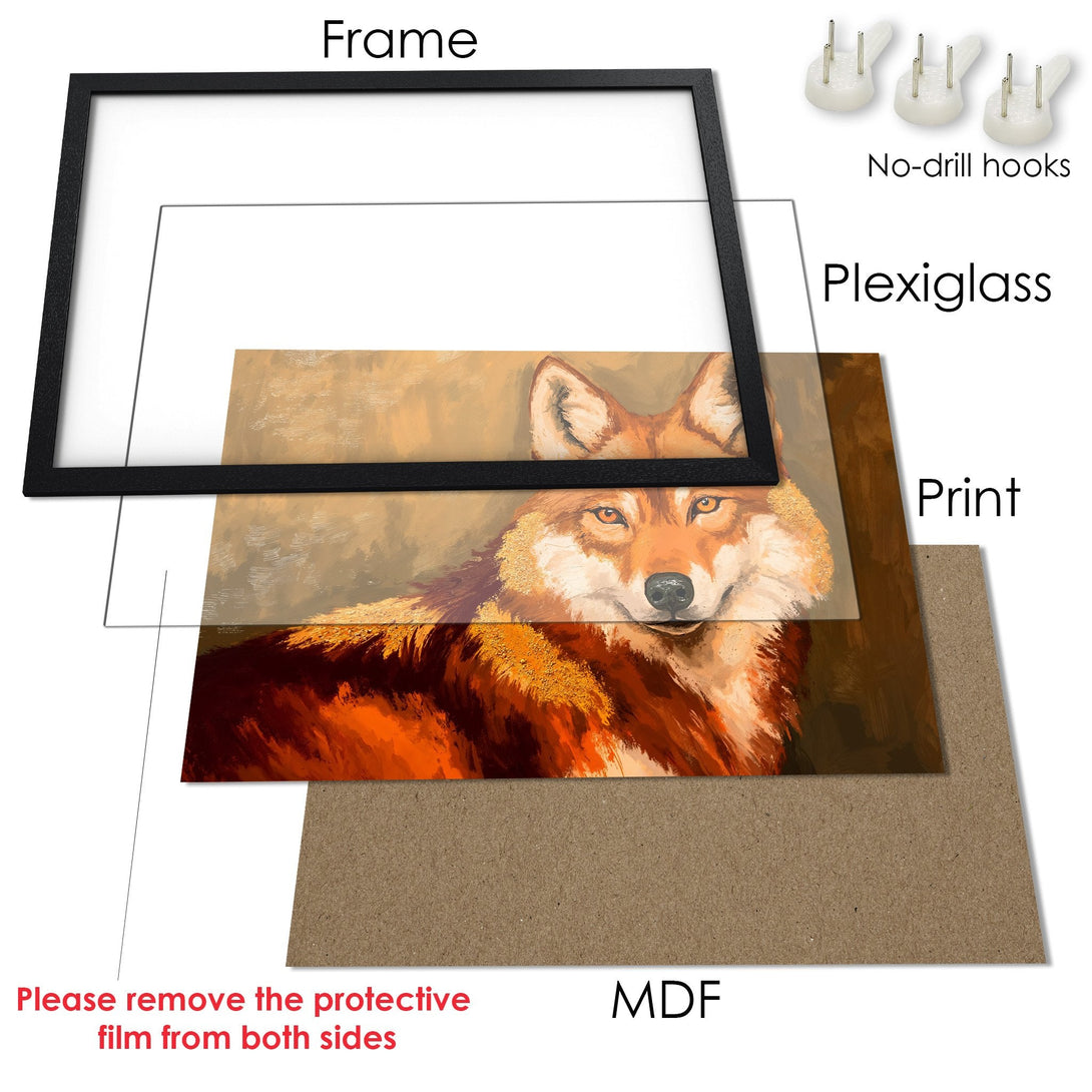 Framed Poster featuring a majestic wolf portrait in warm orange and brown tones. Perfect art for your home!