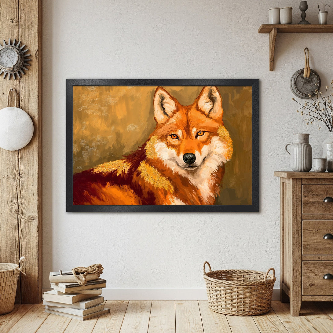 Framed Poster featuring a majestic wolf in warm orange and brown tones. Perfect art for your home!