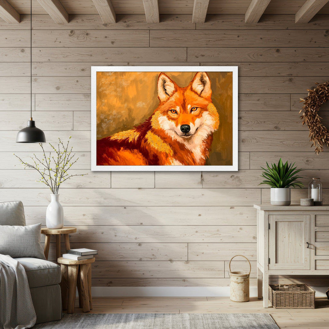 Framed Poster of a majestic fox in warm orange tones. Perfect art for your home! Add a touch of nature with this stunning Poster.