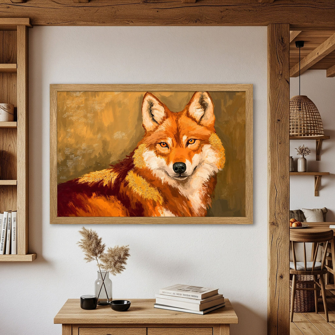 Framed Poster featuring a majestic wolf in warm orange tones. Rustic art style with a cozy, inviting color palette. Perfect wall decor!
