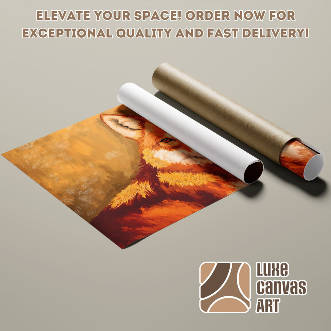 Fox art poster roll in warm orange tones. Elevate your decor with this stunning art print!