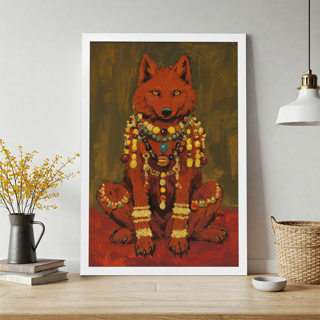 Framed Poster featuring a regal wolf in jewel tones, painted in a textured, artistic style. Earthy color palette.