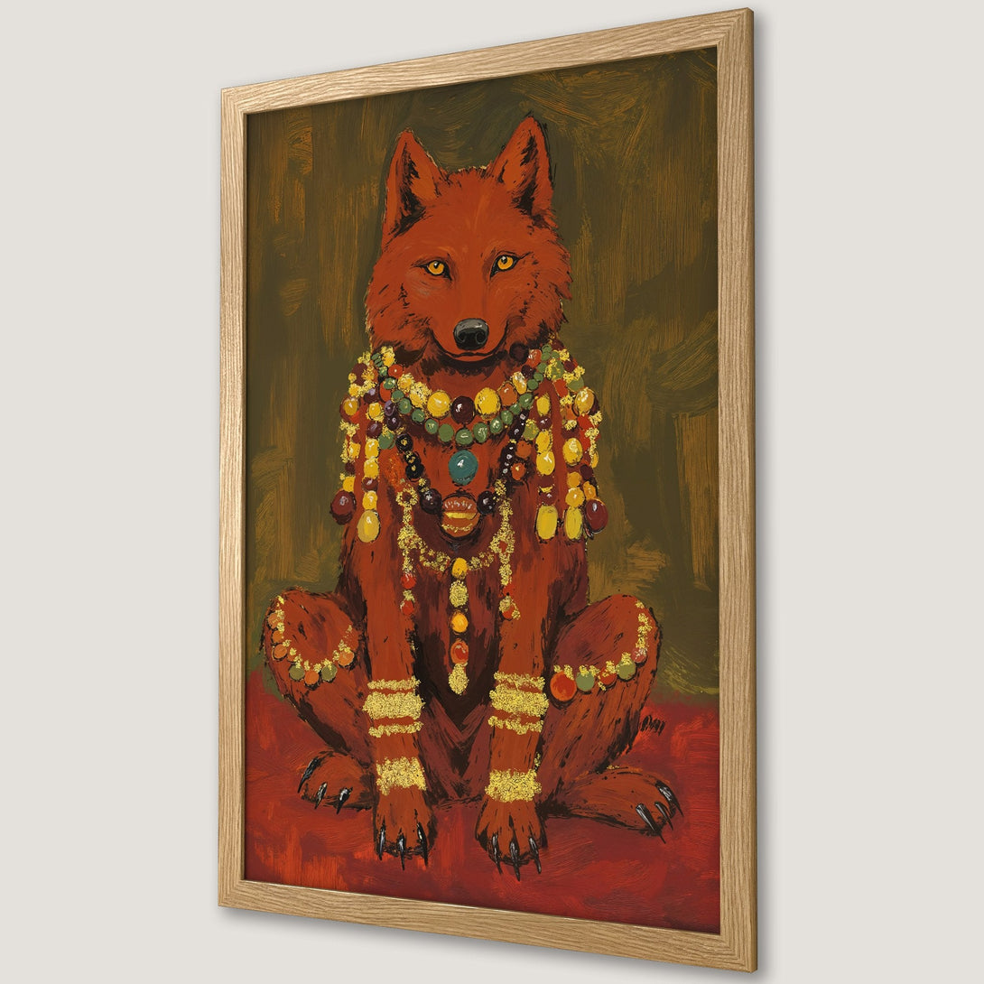 Framed Poster featuring a regal wolf in vibrant red and gold, painted in a bold, expressive style. Rich color palette adds a touch of luxury.