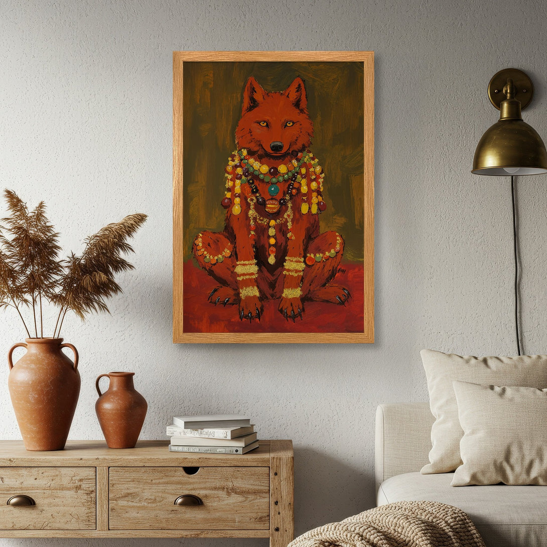 Framed Poster featuring a regal wolf in an expressive, colorful style. Warm red, gold, and earth tones create a captivating art piece.