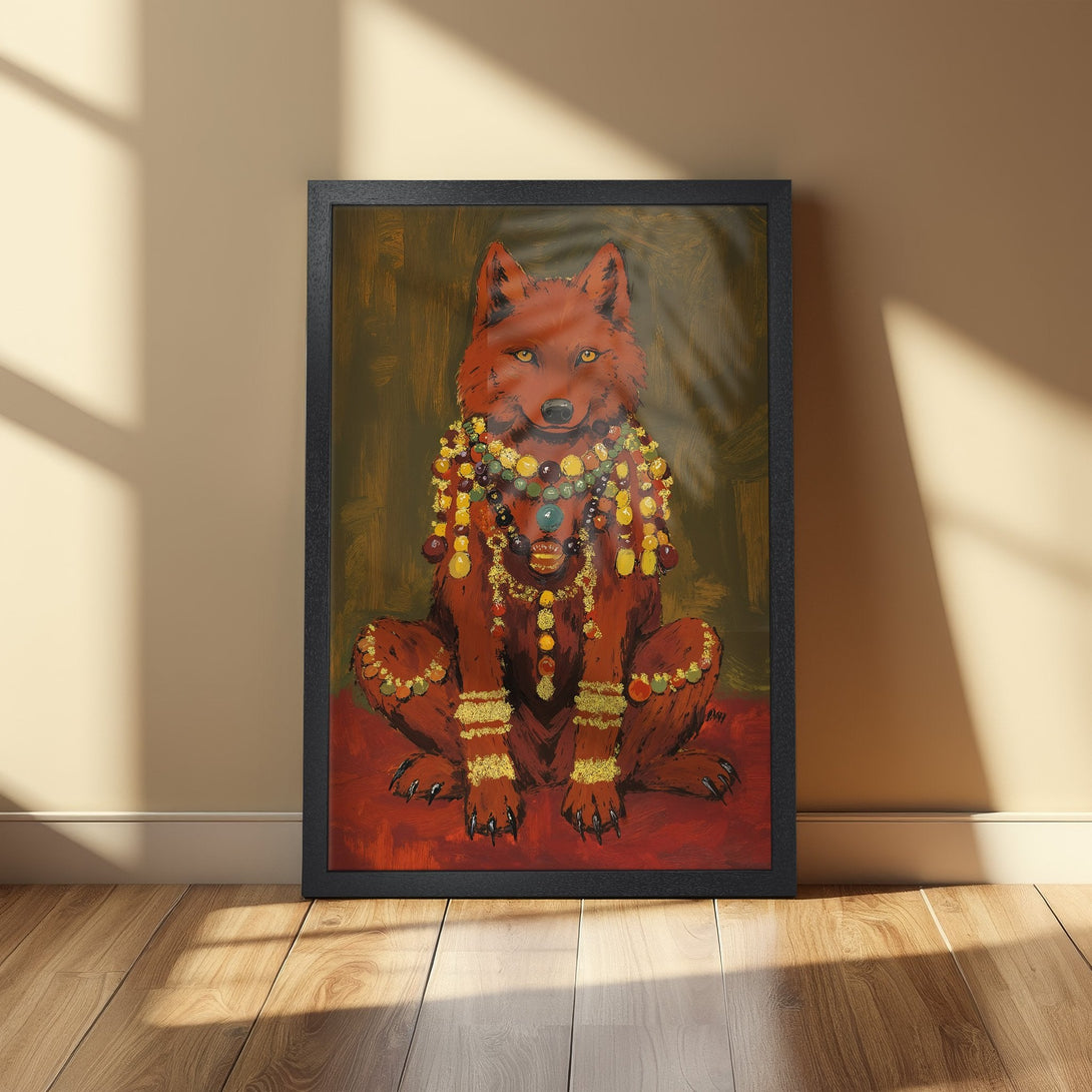 Framed Poster featuring a regal wolf in a vibrant, painterly style with a warm red and gold color palette. Perfect wall art!