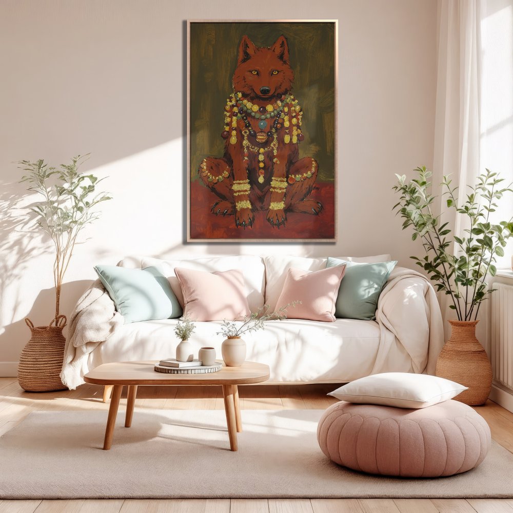Framed Wall Art: Regal wolf portrait in warm earthy tones, perfect for living room decor. Add a touch of unique art to your home!
