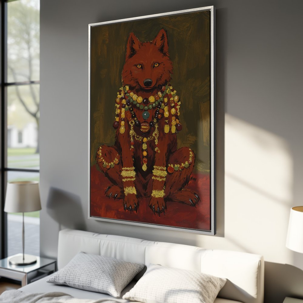 Framed Wall Art: Regal wolf portrait in warm red & gold tones. Add a touch of luxury to your space with this stunning canvas print!