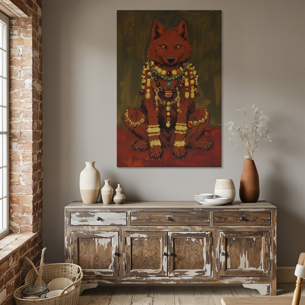 Framed Wall Art: Regal wolf portrait in warm red and gold tones. Add a touch of bohemian elegance to your dining room with this stunning Canvas Print.