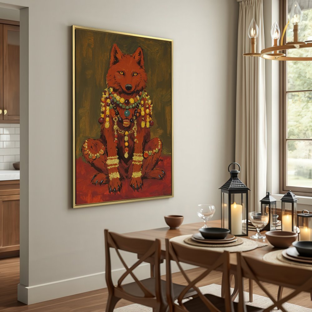 Canvas Print featuring a regal wolf in warm reds and golds. Add a touch of bohemian style to your home with this unique wall art!
