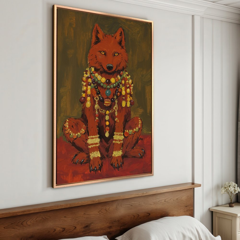 Framed Wall Art: Regal wolf portrait in warm red and gold tones. Add a touch of bohemian style to your home decor!