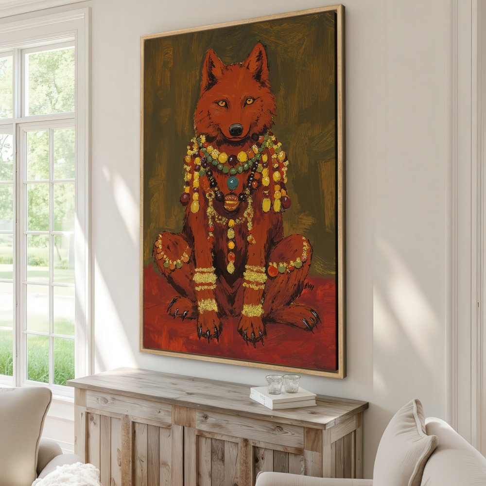 Framed Wall Art: Regal wolf portrait in warm red & gold tones. Add a touch of luxury to your home decor!