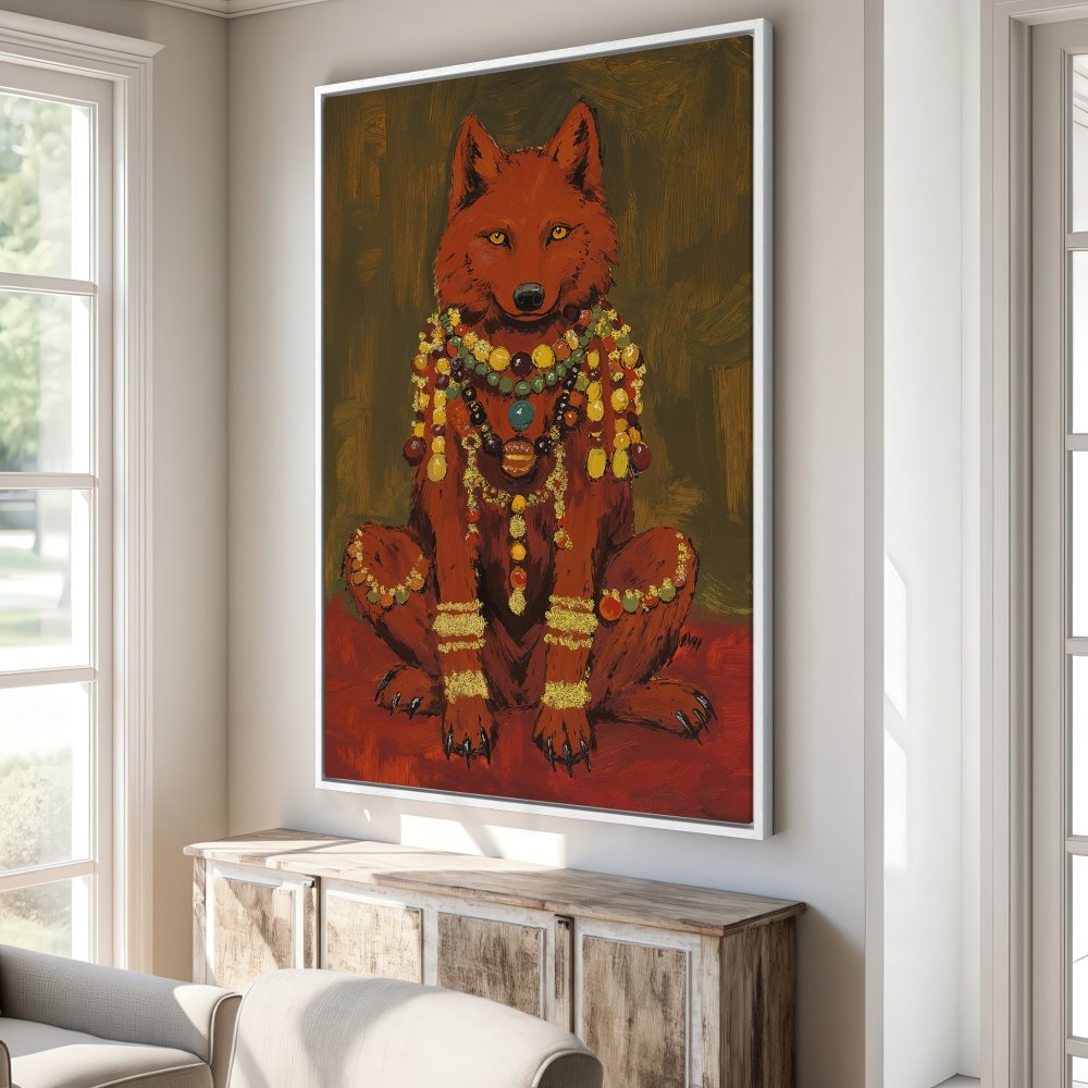 Framed Wall Art: Regal wolf portrait in warm red and gold tones. Add a touch of bohemian flair to your home with this unique Canvas Print.