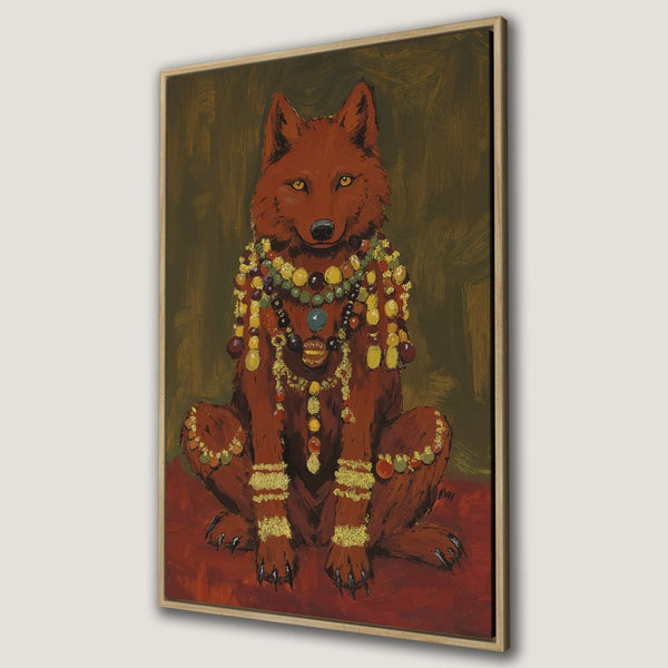 Framed Wall Art: Regal wolf portrait in warm red and gold tones. Unique canvas print for a touch of luxury and style.