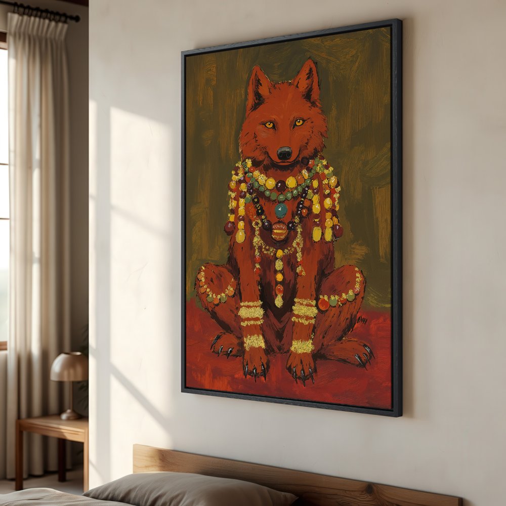 Framed Wall Art: Regal wolf portrait in warm red and gold tones. Add bohemian flair to your space with this unique canvas print.