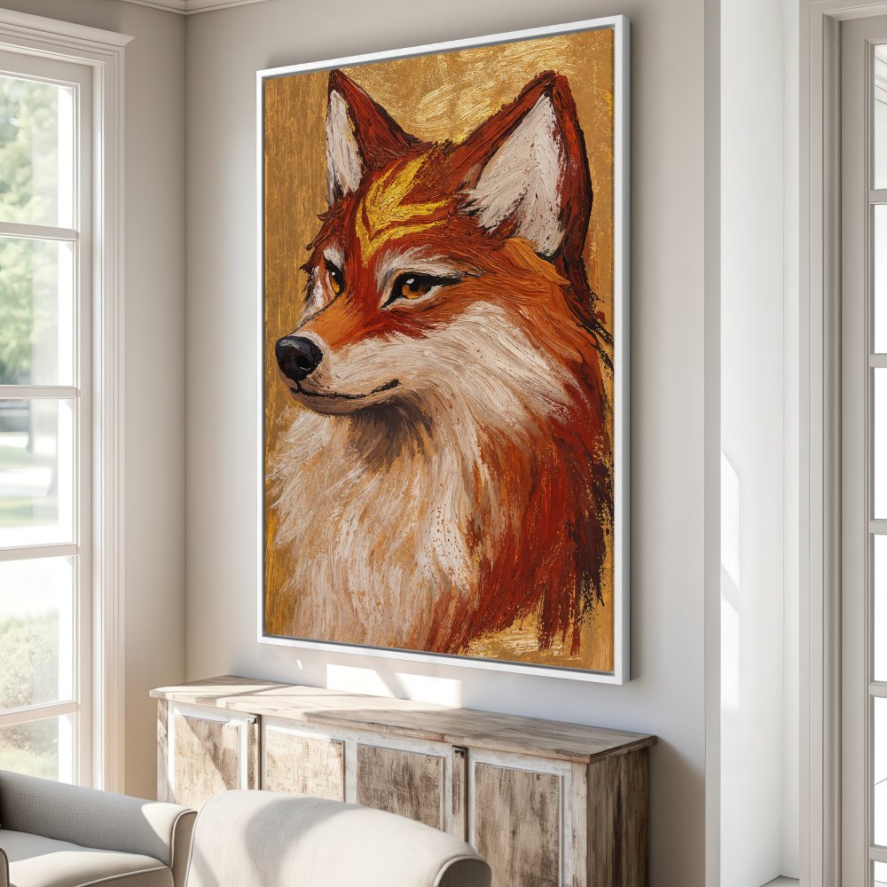 Framed Wall Art: Majestic fox portrait in warm orange & gold tones. Add a touch of nature & elegance to your home with this stunning Canvas Print.