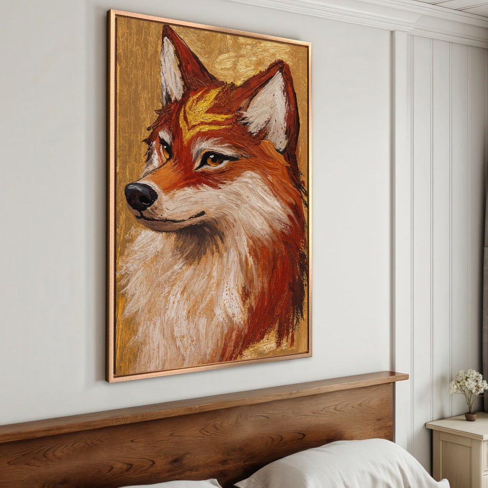 Framed Wall Art: Majestic fox portrait in warm orange and gold tones. Add a touch of nature and elegance to your space with this stunning canvas print.