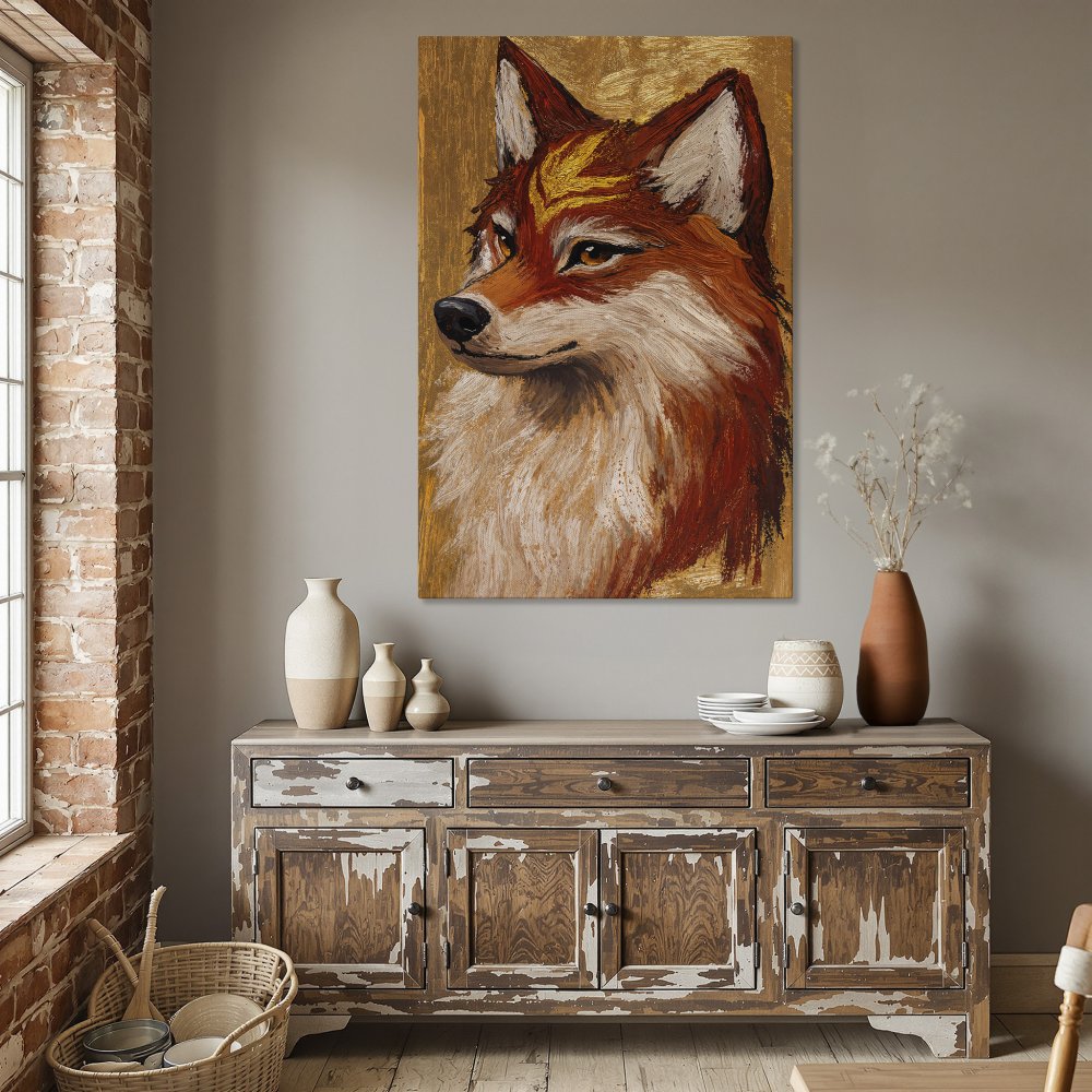 Framed Wall Art: Majestic fox portrait in warm orange & gold tones. Rustic style Canvas Print adds cozy charm to any space. Shop now!