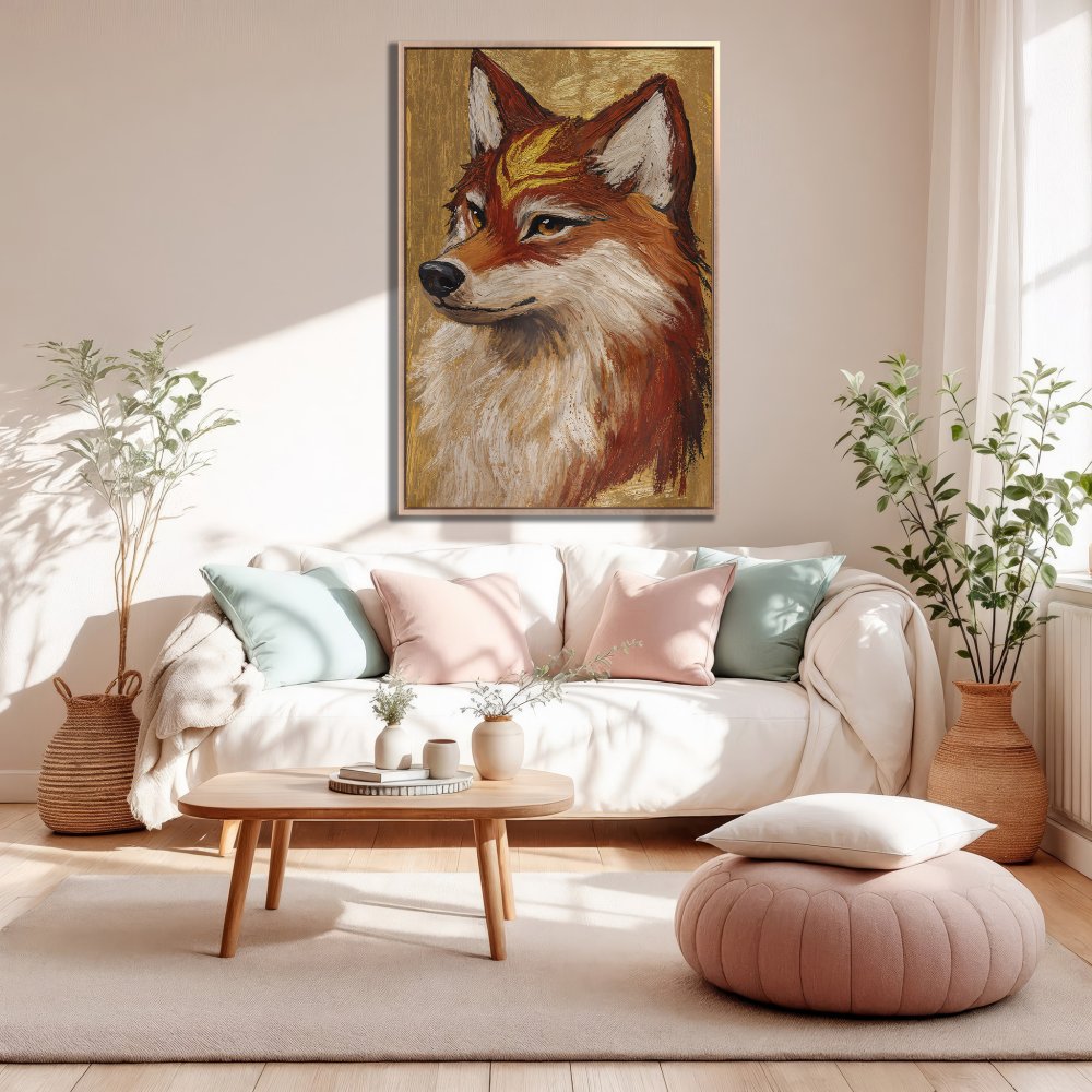 Framed Wall Art: Majestic fox portrait in warm, earthy tones. Perfect for adding a touch of nature-inspired elegance to your living room.