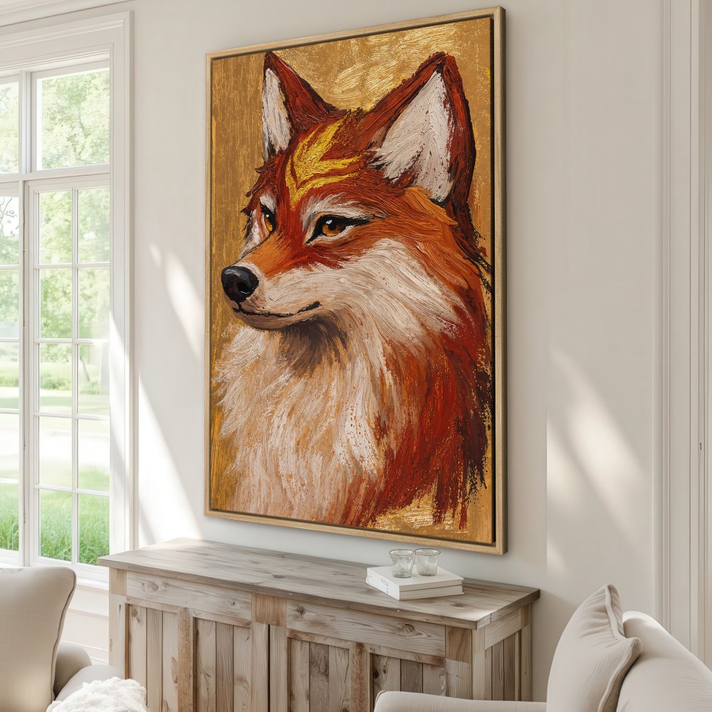 Framed Wall Art: Stunning fox portrait in warm orange and gold tones. Add a touch of nature-inspired elegance to your home with this beautiful canvas print.