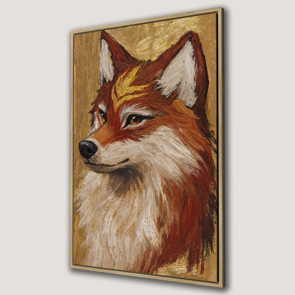 Framed Wall Art: Majestic fox portrait in warm gold, red, and white tones. Add a touch of nature and elegance to your space with this stunning canvas print.