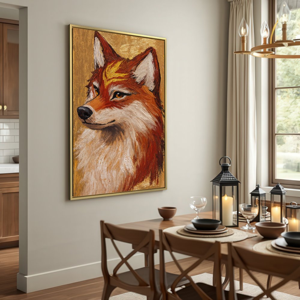 Canvas Print featuring a majestic fox portrait in warm earthy tones. Rustic style wall art for a cozy interior.