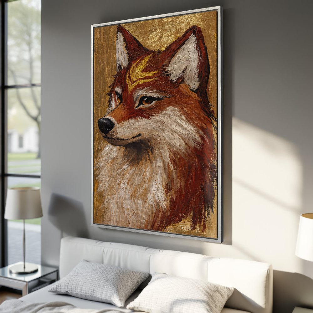 Framed Wall Art: Majestic fox portrait in warm red and gold tones. Textured oil painting style, perfect for adding a touch of nature to your home decor.