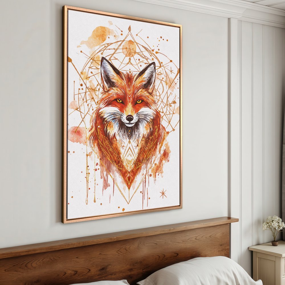 Framed Wall Art: Watercolor fox portrait in warm orange and gold tones. Perfect for adding a touch of boho style to your home decor.