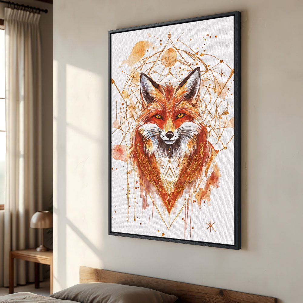 Framed Wall Art: Watercolor fox portrait in warm orange & gold tones. Add a touch of boho style to your space!